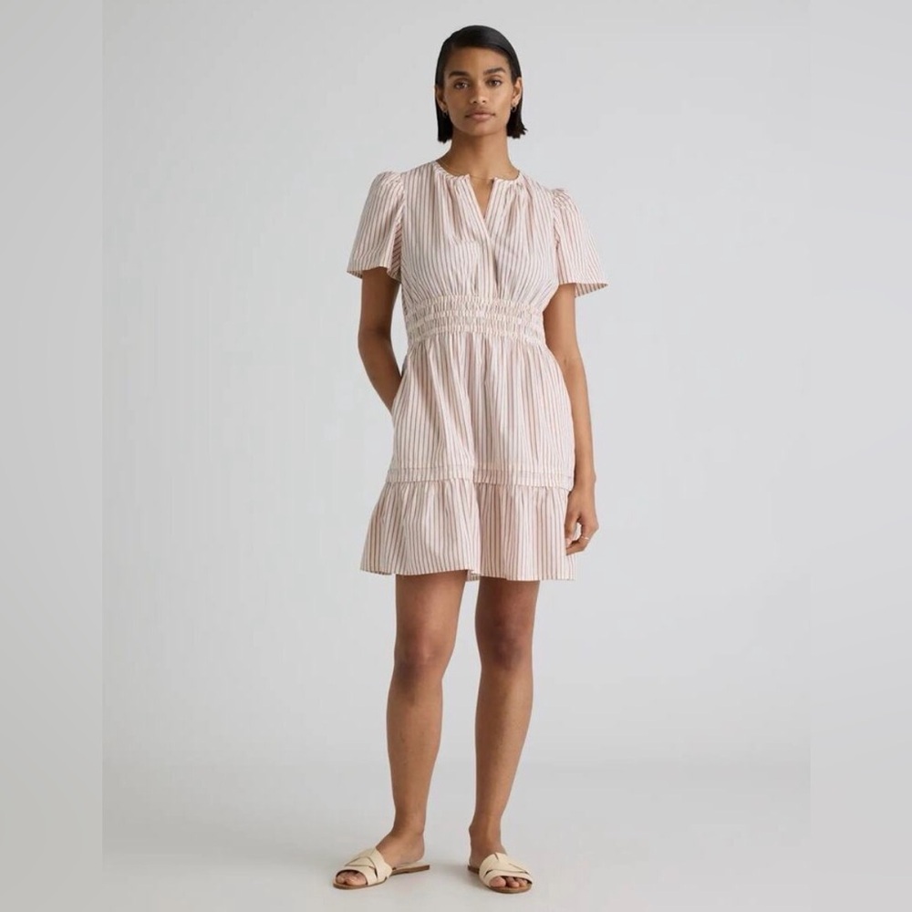 Quince Organic Cotton Poplin Tiered Mini Dress Pink/White Striped